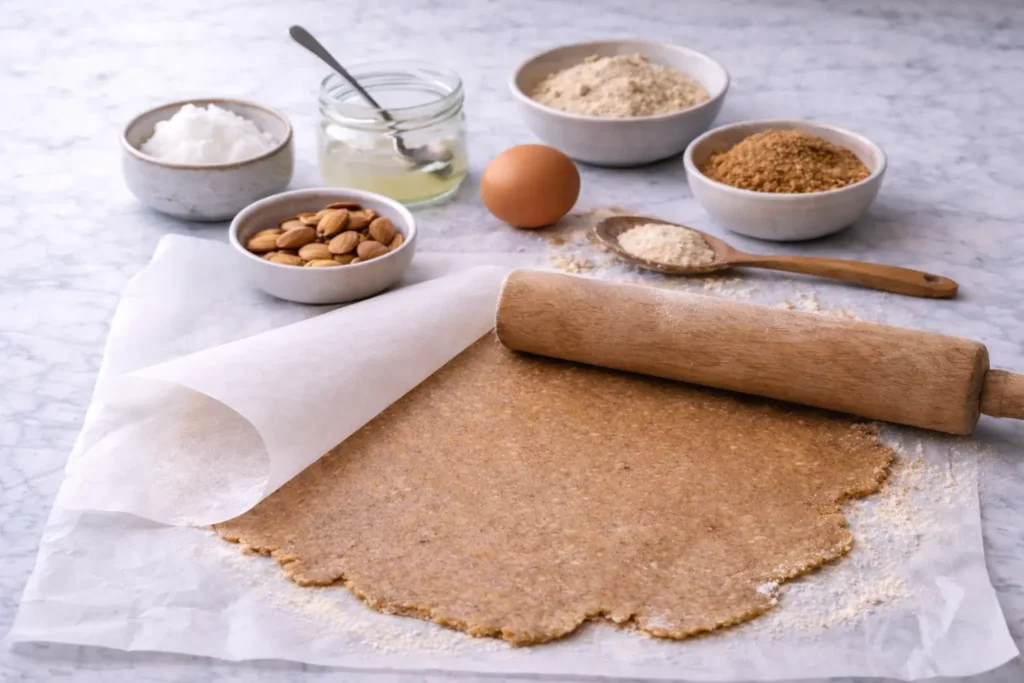 Étalage de la pâte sucrée rustique à l'épeautre entre deux feuilles de papier cuisson avec un rouleau à pâtisserie.