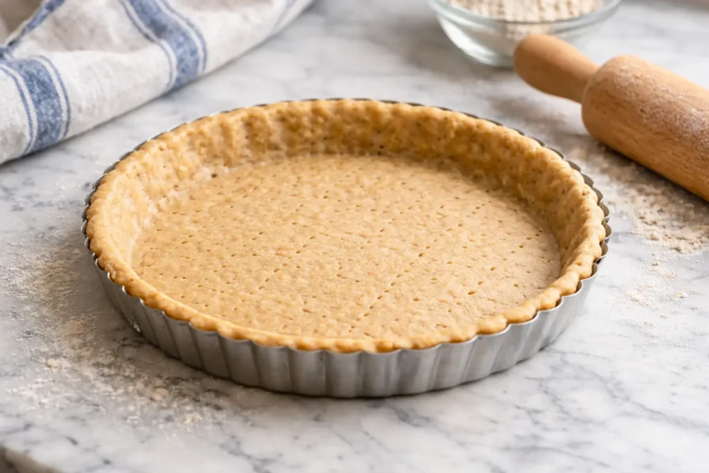 Fond de tarte avec pâte brisée crue dans un moule cannelé, posé sur un plan de travail avec un rouleau à pâtisserie en arrière-plan.