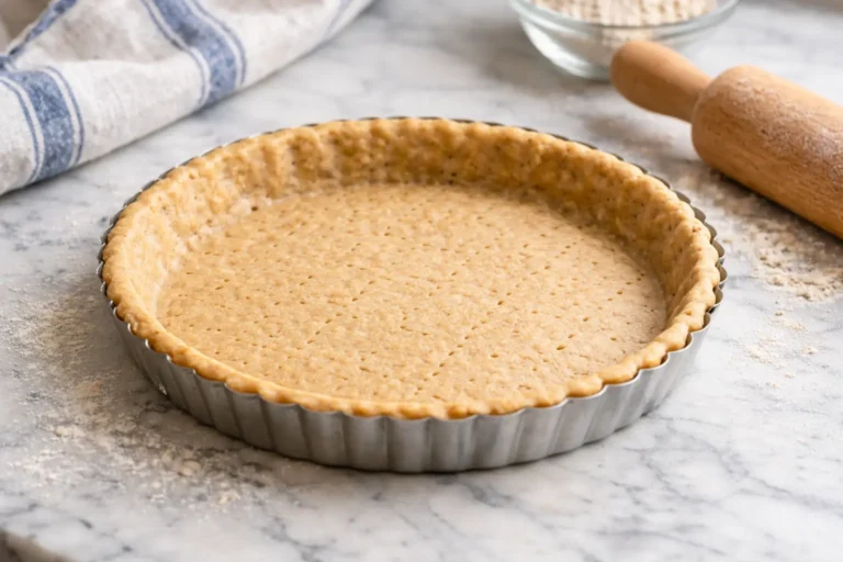 Fond de tarte avec pâte brisée crue dans un moule cannelé, posé sur un plan de travail avec un rouleau à pâtisserie en arrière-plan.