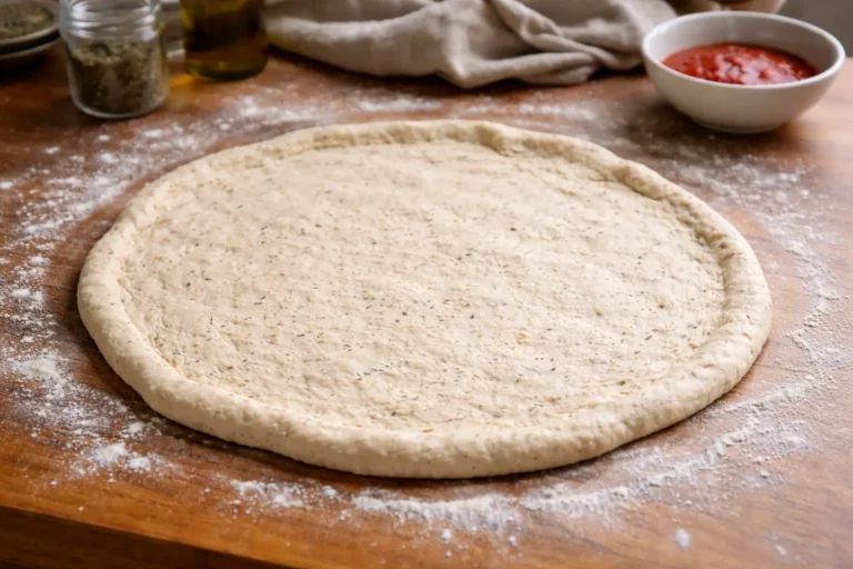 Une pâte à pizza ronde et crue, à la texture finement grainée, étalée sur un plan de travail en bois fariné. En arrière-plan, on distingue un petit bol de sauce tomate rouge et un linge de cuisine, évoquant une préparation artisanale et gourmande.