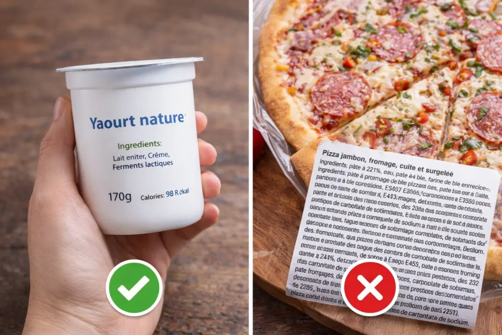Comparaison entre un yaourt aux ingrédients simples et une pizza industrielle avec liste d’ingrédients longue pour apprendre à reconnaître les produits transformés