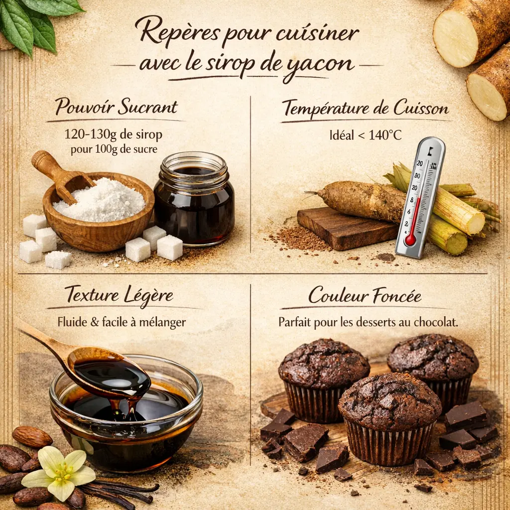 Sirop de yacon brun foncé présenté avec repères de dosage et texture fluide