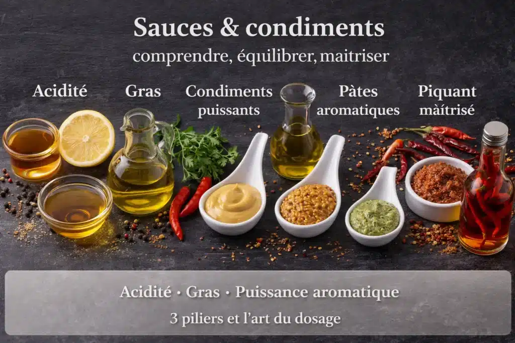 Différents condiments et sauces : huile, citron, moutardes, pâte épicée et vinaigre illustrant l’équilibre entre acidité, gras et puissance aromatique