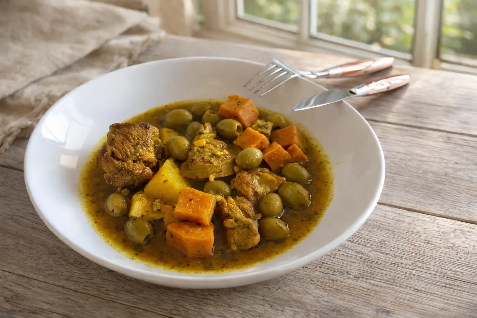 Une assiette creuse blanche posée sur une table en bois rustique, contenant un ragoût aux morceaux de viande tendres, des cubes de carottes fondantes et de nombreuses olives vertes charnues baignant dans une sauce onctueuse et épicée.