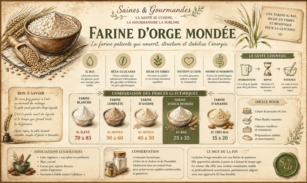 Infographie farine d’orge mondée IG bas : fibres bêta-glucanes, hydratation, repos et utilisation en cuisine