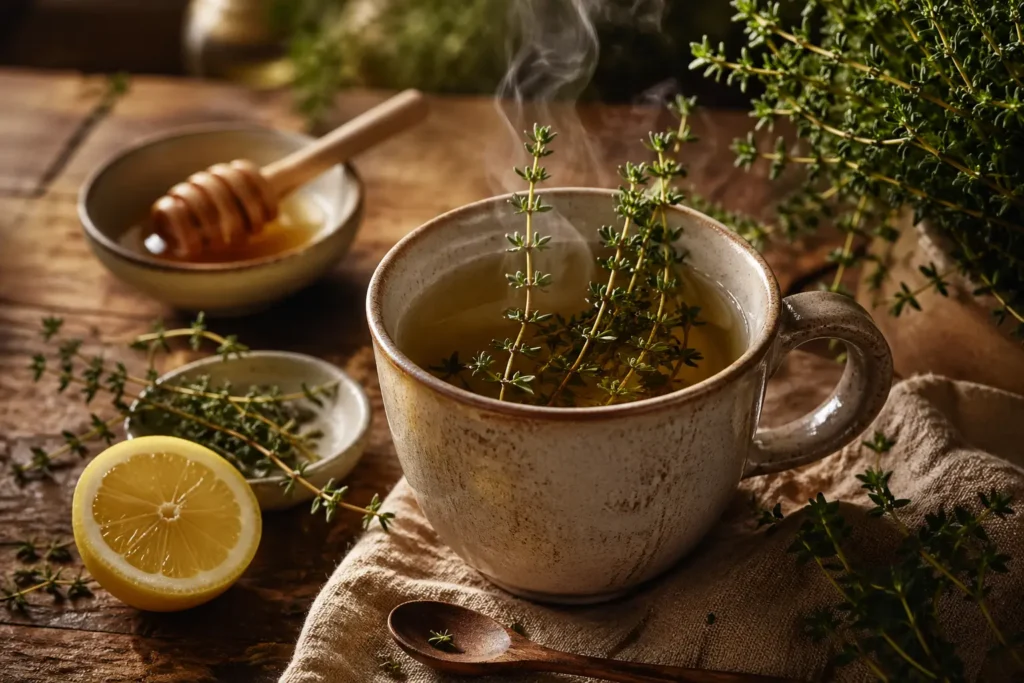 Infusion de thym chaud avec citron et miel, vapeur visible, mise en scène naturelle sur table en bois