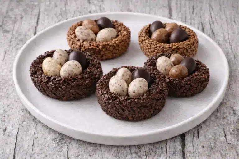 Nids de Pâques croustillants aux deux chocolats, garnis de petits œufs, à la finition nette et soignée, présentés sur une assiette claire, aspect maison gourmand et élégant