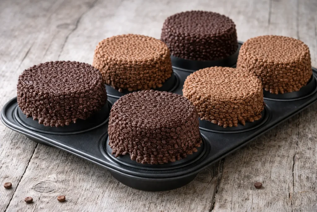 Nids de Pâques moulés à l’envers, coques en chocolat à la texture régulière, posés sur plaque sombre, rendu soigné et gourmand