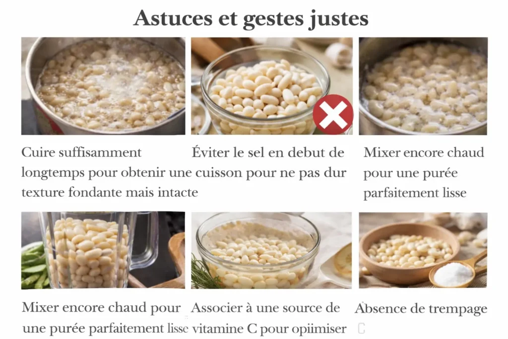 Cuisson douce des haricots blancs dans une casserole avec herbes et mousse retirée.