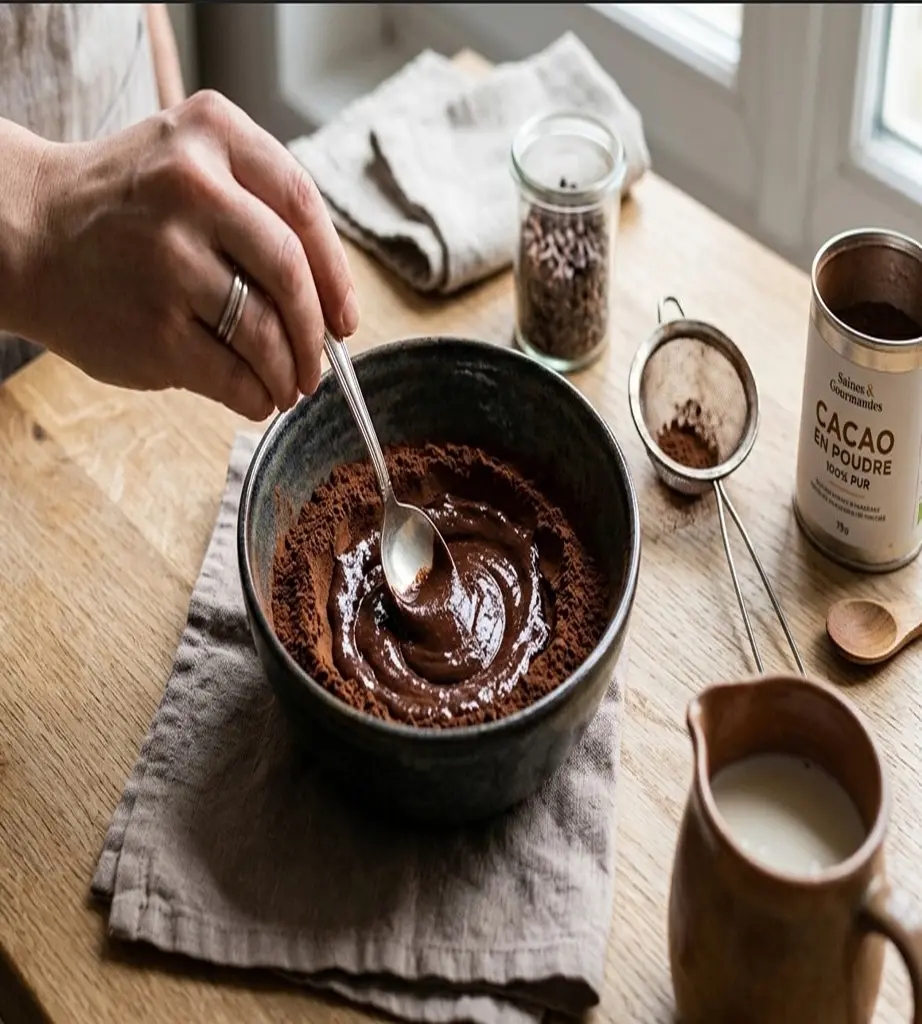 Geste technique pour délayer du cacao en poudre pur 100% dans un liquide chaud afin d'obtenir une pâte sans grumeaux pour pâtisserie IG bas