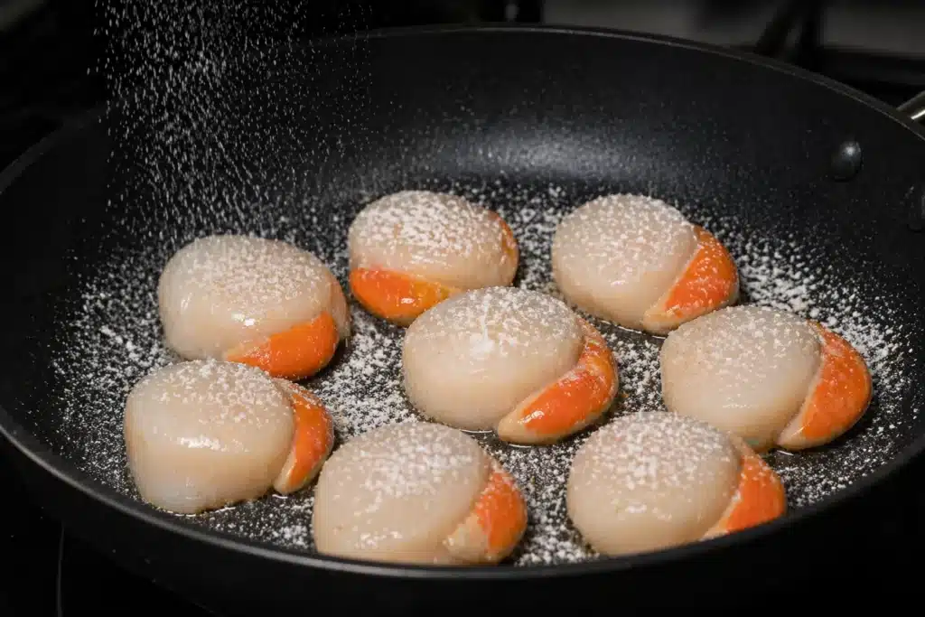 Mycryo saupoudré sur coquilles Saint-Jacques avec corail avant cuisson dans une poêle