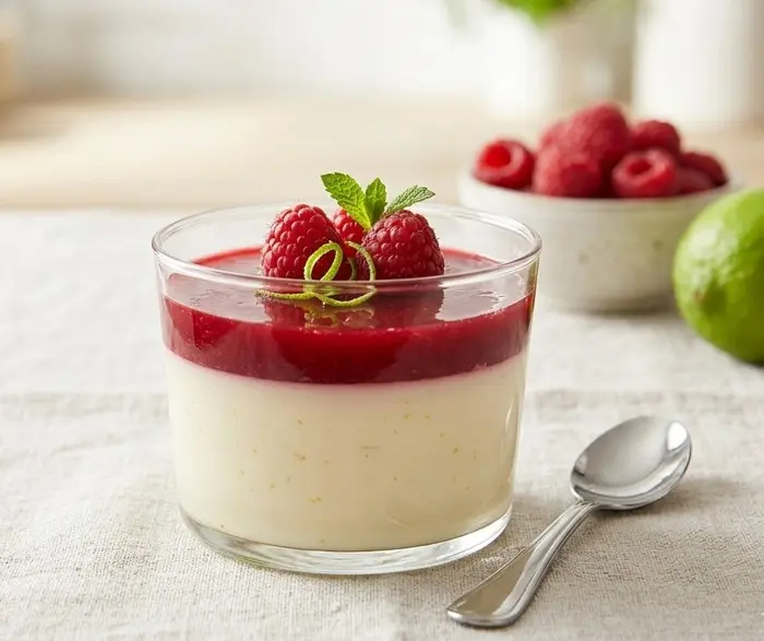 Crème soyeuse au citron vert et son coulis de framboise brillant en verrine, une texture fine obtenue avec de l’arrow-root pour un dessert IGBAS.