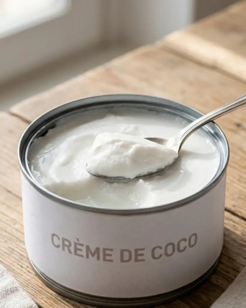 Une boîte de conserve ouverte montrant la séparation naturelle entre la phase grasse solide et l'eau de coco, avec une cuillère prélevant la crème blanche et lisse pour une chantilly végétale.