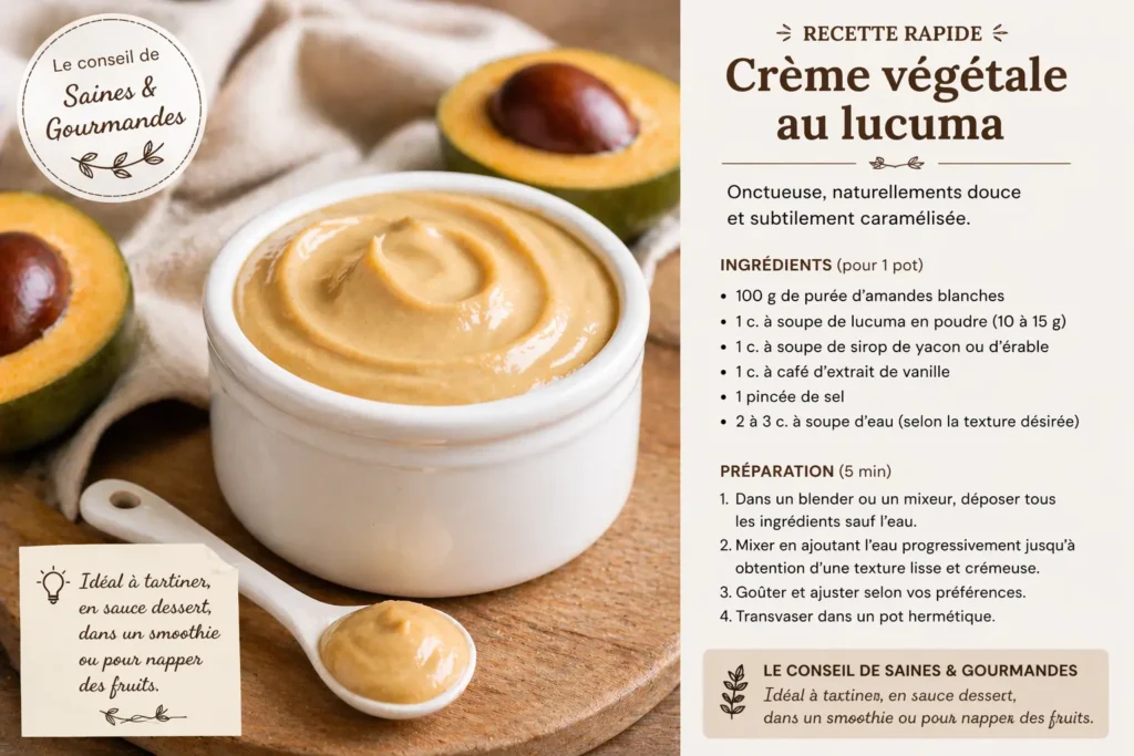 Crème végétale au lucuma dans un pot blanc avec texture beige caramel