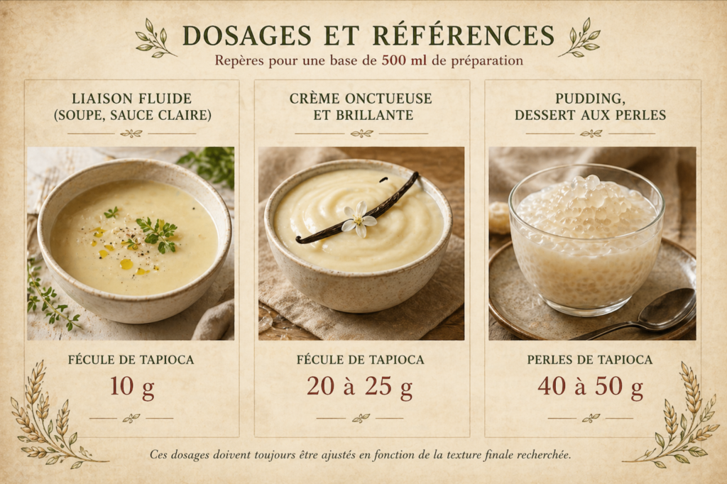 Infographie dosages du tapioca avec trois usages : soupe fluide, crème onctueuse et pudding aux perles avec quantités en grammes