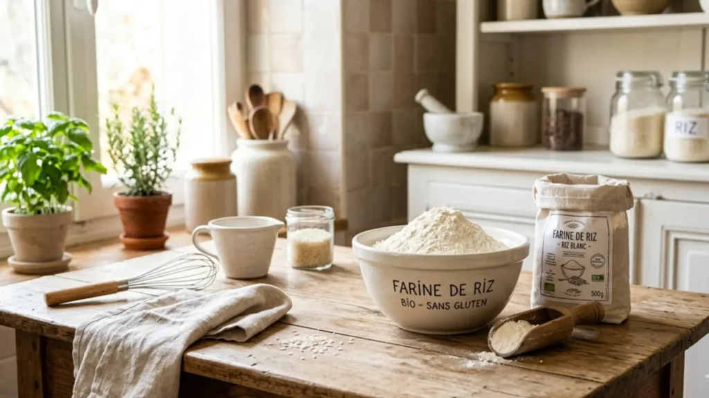 Farine de riz fine dans un bol en cuisine sur une table de cuisine en bois rustique baignée d'une lumière naturelle éclatante, où est posé un grand bol en céramique blanche rempli d'une montagne de farine de riz à la texture fine et légère. 