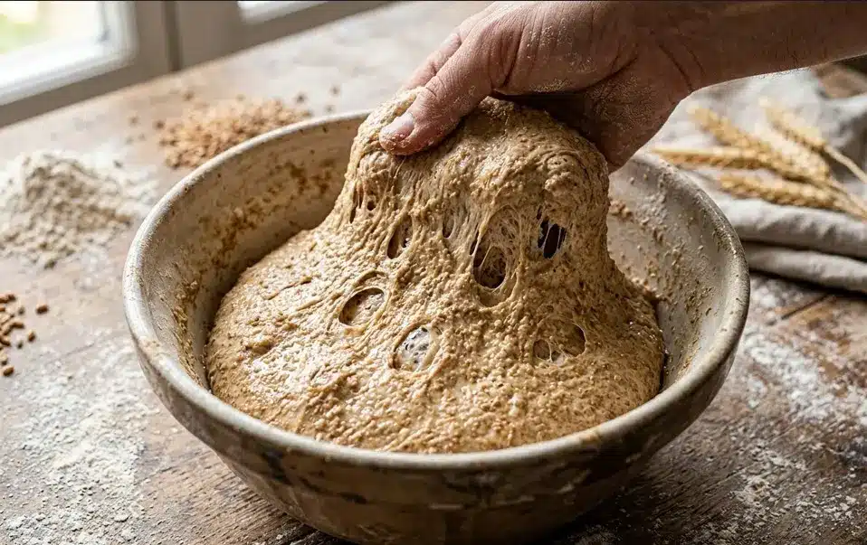 Pâte à pain à la farine de blé T130 en cours de fermentation, texture dense et fibreuse montrant l’impact du son sur la structure.