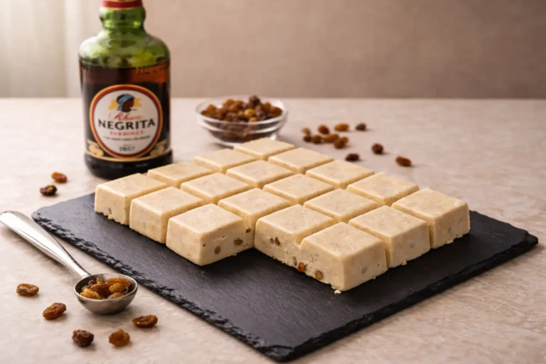flan aux raisins au rhum en cubes avec texture nette et intérieur fondant sur plateau noir