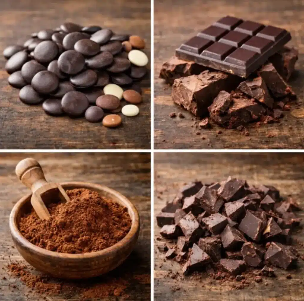 Différentes formes de chocolat : pistoles, tablette, morceaux et cacao en poudre