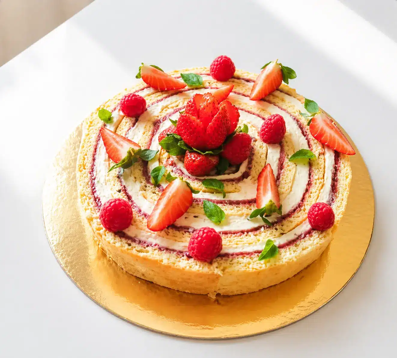 Fraisier roulé en spirale, garni de crème aux petits suisses et confit de fraises, décoré de fraises fraîches, framboises et petites feuilles de menthe, présenté sur un disque doré.