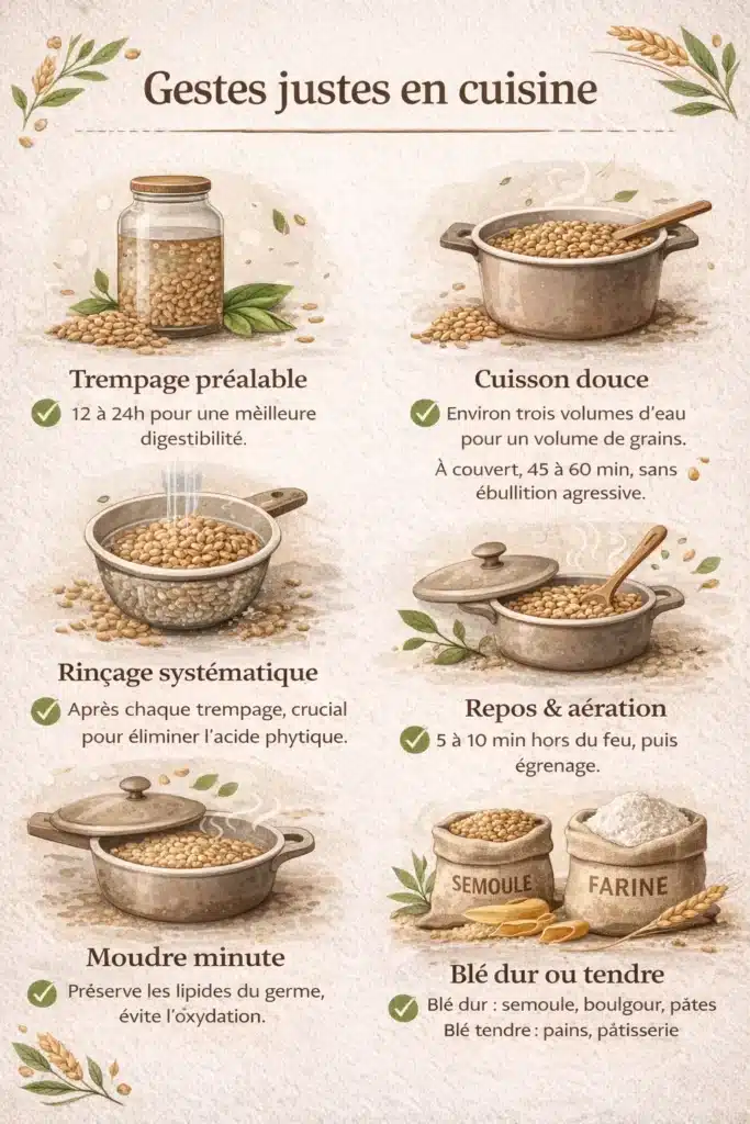 Infographie gestes justes cuisson grains de blé : trempage, rinçage, cuisson douce, repos et mouture.