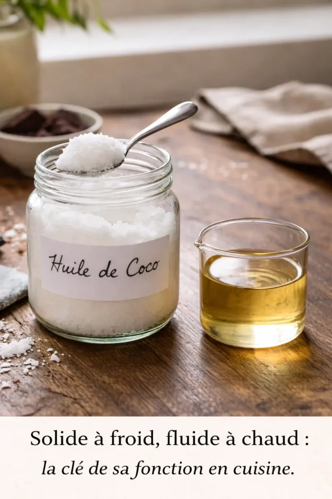Huile de coco solide et liquide, illustrant sa transition selon la température.
