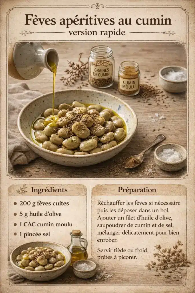 Fiche recette ancienne illustrée pour les fèves au cumin, détaillant les ingrédients et la préparation pour un apéritif sain et digeste.
