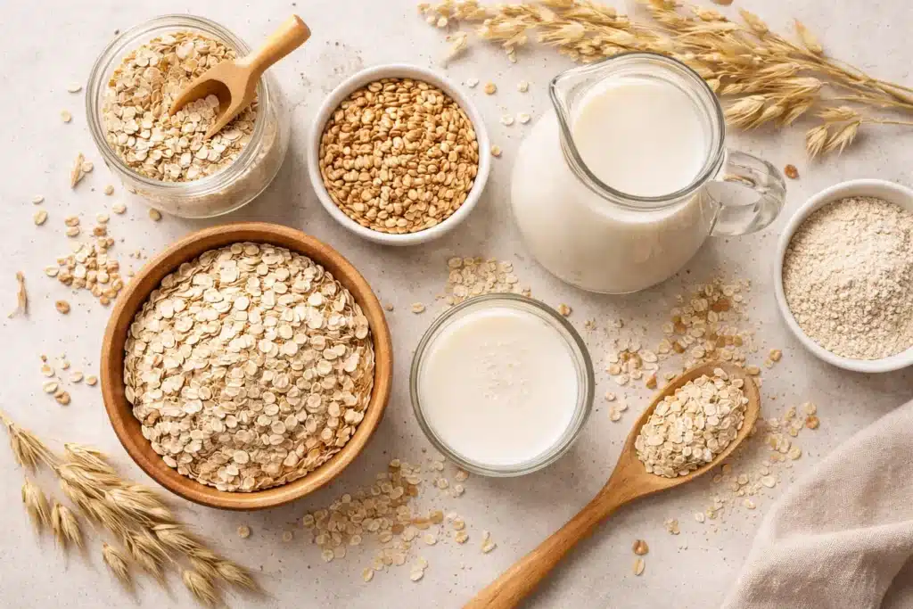 Flocons d’avoine, farine et lait d’avoine présentés en cuisine sur plan de travail clair