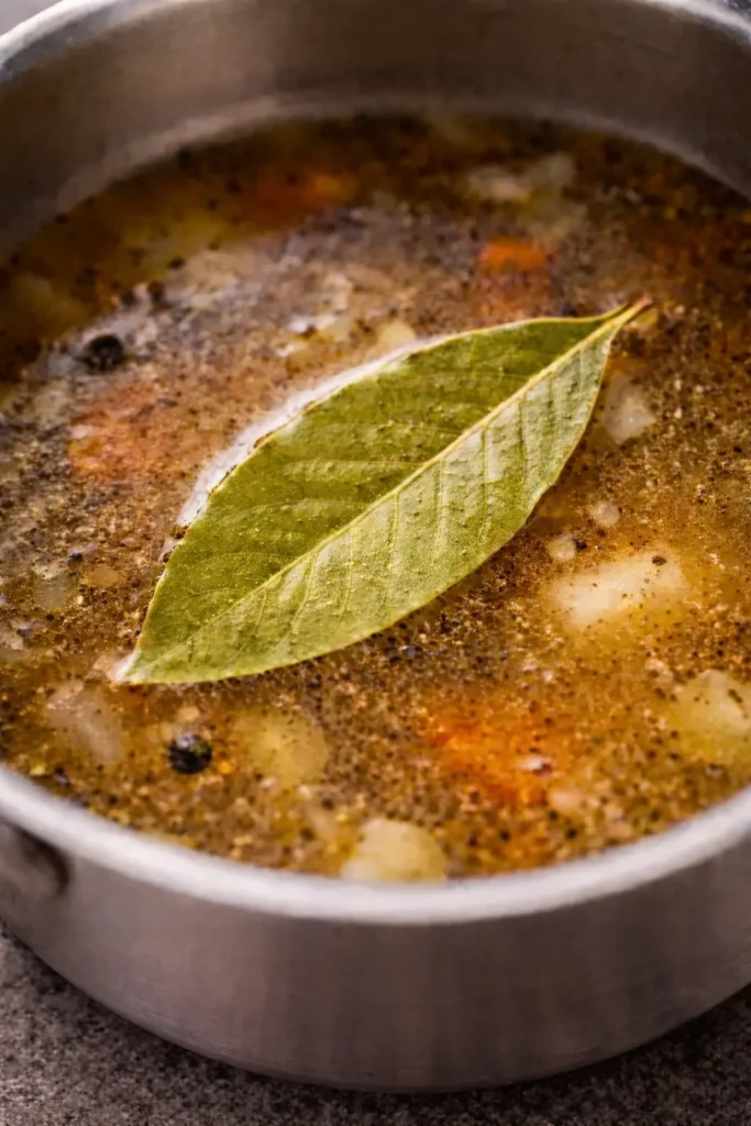 Feuille de laurier-sauce infusant dans un bouillon chaud