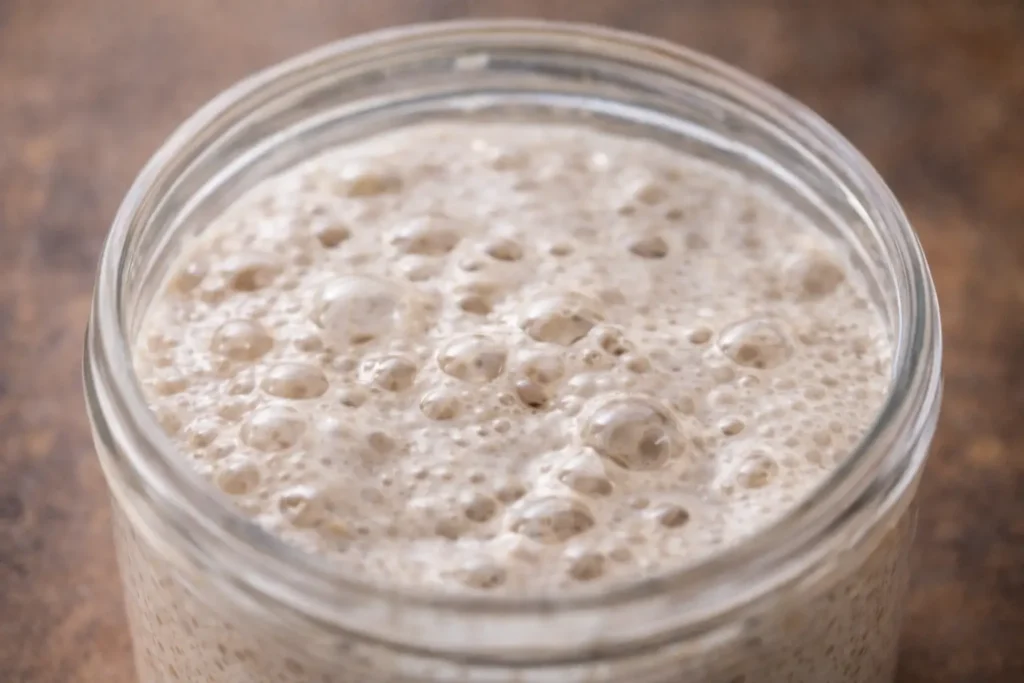 Levain actif en bocal avec bulles visibles indiquant une fermentation en pleine maturité