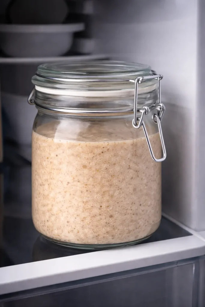 Bocal de levain fermé conservé au réfrigérateur pour ralentir la fermentation et prolonger sa durée de vie