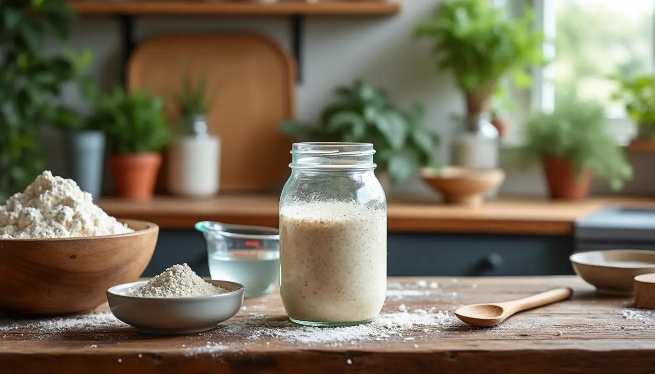 Levain naturel actif en bocal sur plan de travail en bois, avec farine et ustensiles de panification en arrière-plan