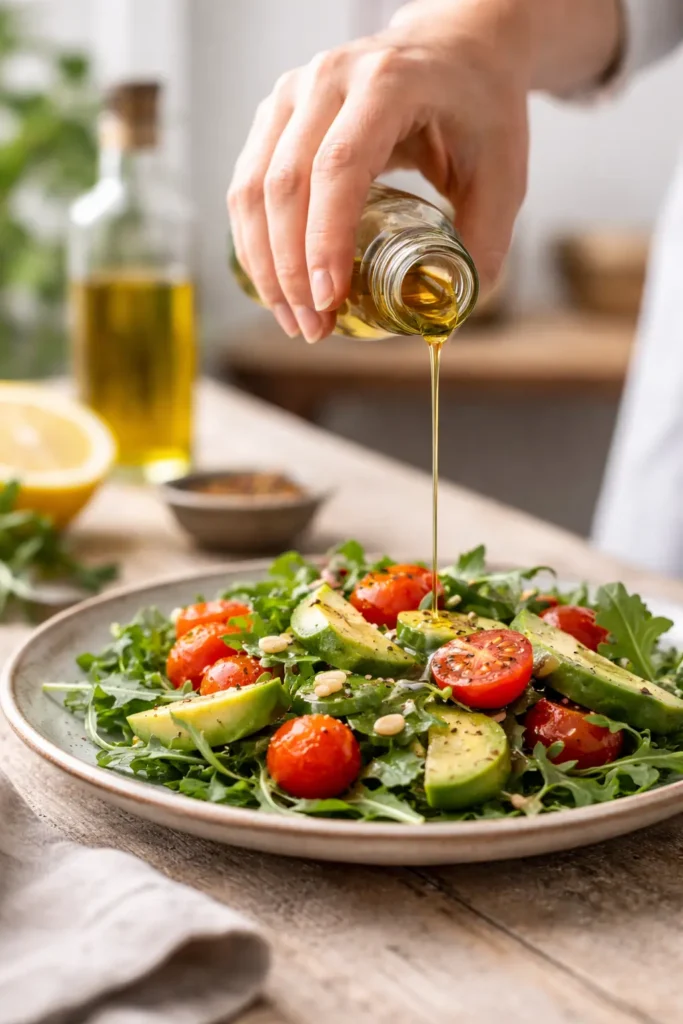 Filet d’huile versé à cru sur une salade composée, geste final en cuisine.