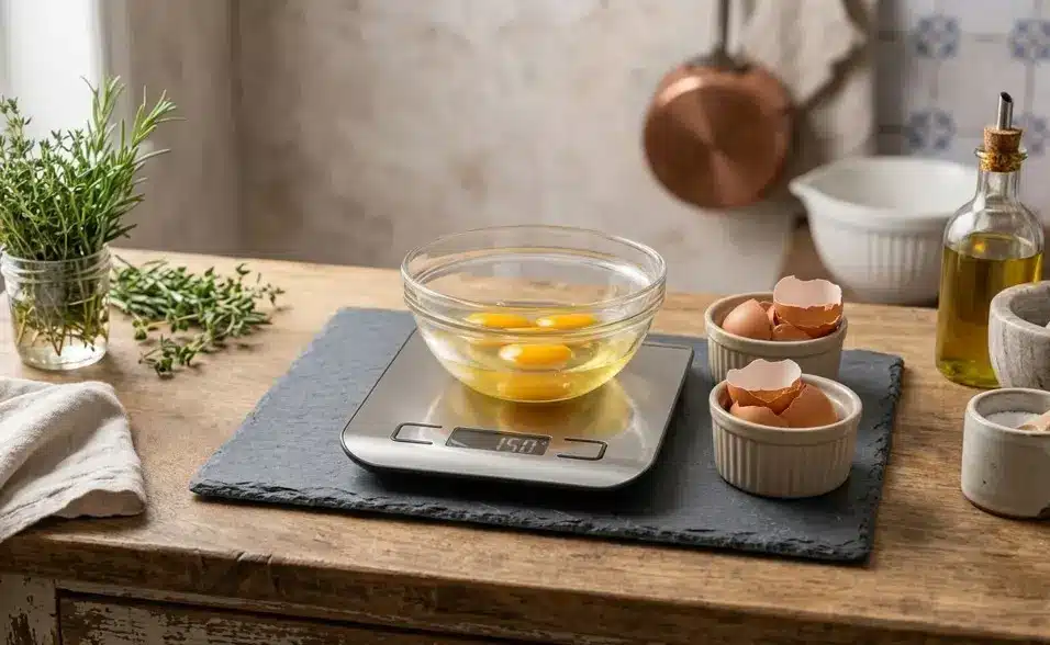 balance de cuisine affichant le poids précis de trois œufs écaillés dans un bol en verre