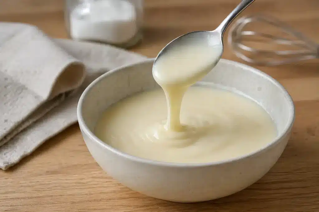 Crème épaissie à la Maïzena dans un bol avec texture lisse et nappante