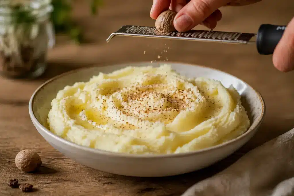 Purée de pommes de terre onctueuse avec noix de muscade fraîchement râpée au-dessus
