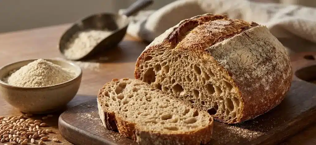 Zoom sur la mie alvéolée d'un pain de campagne à la farine T110, illustrant la densité et la richesse nutritionnelle d'une panification semi-complète réussie.