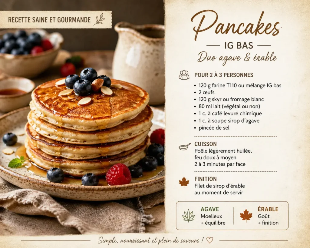 pancakes ig bas avec sirop d’agave et sirop d’érable recette saine et gourmande
