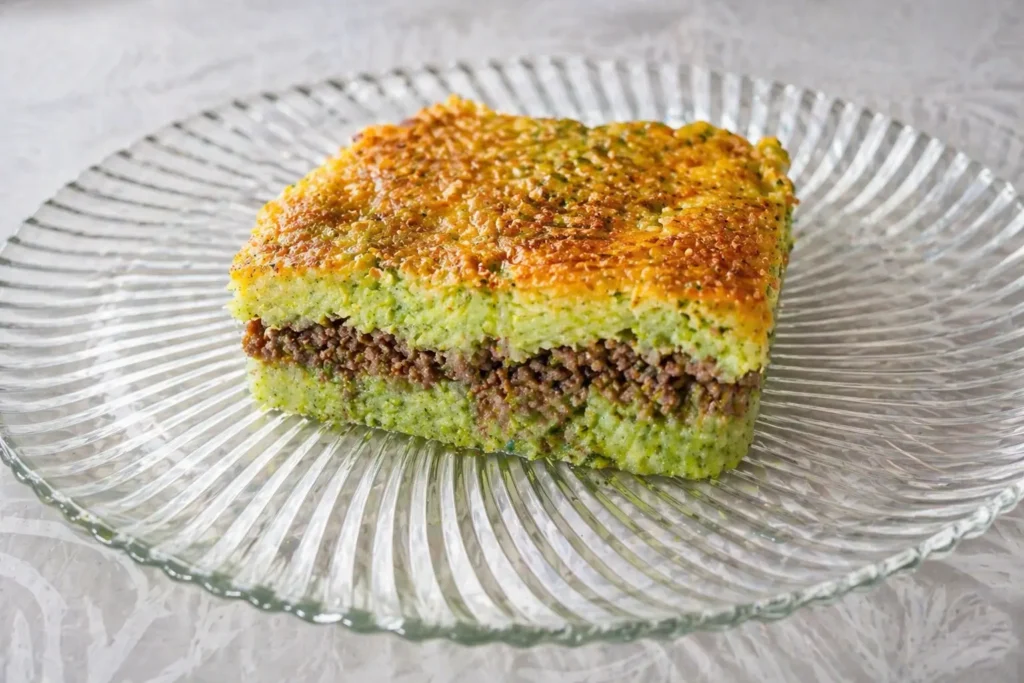 Part de parmentier de brocolis gratiné, purée verte lisse et viande hachée, découpe nette sur assiette en verre