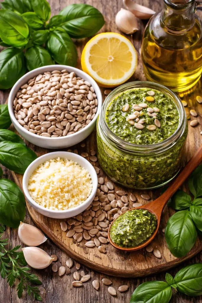 Préparation type pesto aux graines de tournesol avec basilic, huile d’olive et graines visibles sur planche en bois