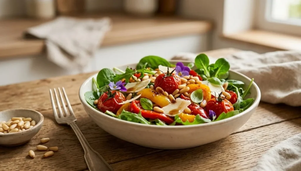 Pignons de pin parfaitement torréfiés et dorés, servie avec une salade de légumes dans un bol blanc.