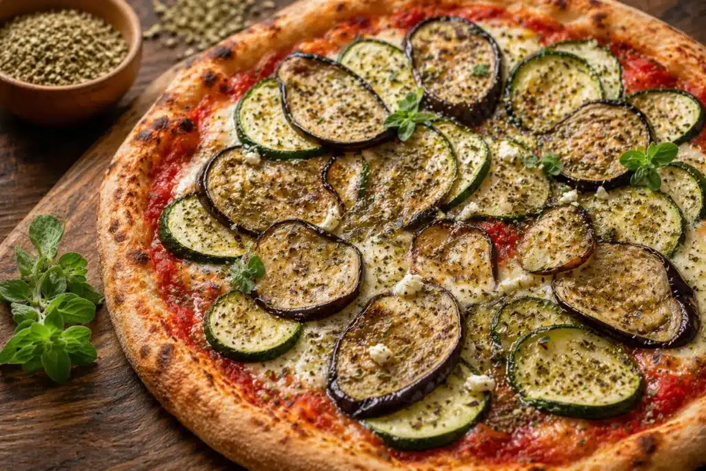 Origan sur pizza végétarienne aux aubergines et courgettes, usage emblématique de l’épice