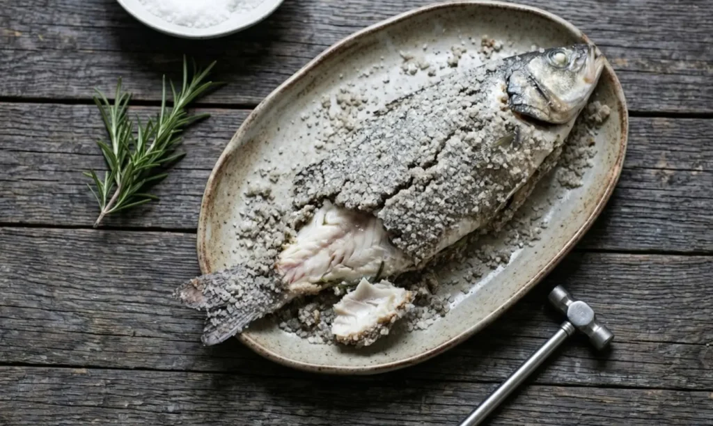 Un poisson entier cuit dans une croûte de gros cristaux gris craquelée, présenté sur un plat en grès sur un large plan de travail en bois rustique avec un brin de romarin.