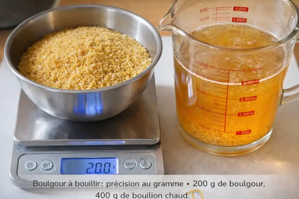 Boulgour pesé sur balance avec bouillon chaud pour une cuisson précise au gramme