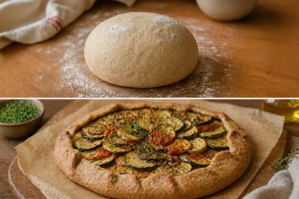 Pâte en boule et tarte rustique aux légumes réalisées avec de la farine de blé T80, texture bise et légèrement granuleuse sur un plan de travail.