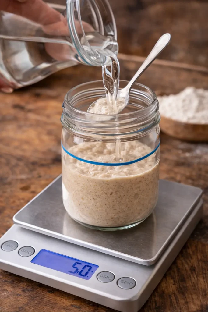 Rafraîchi du levain avec ajout d’eau dans un bocal posé sur une balance pour un dosage précis