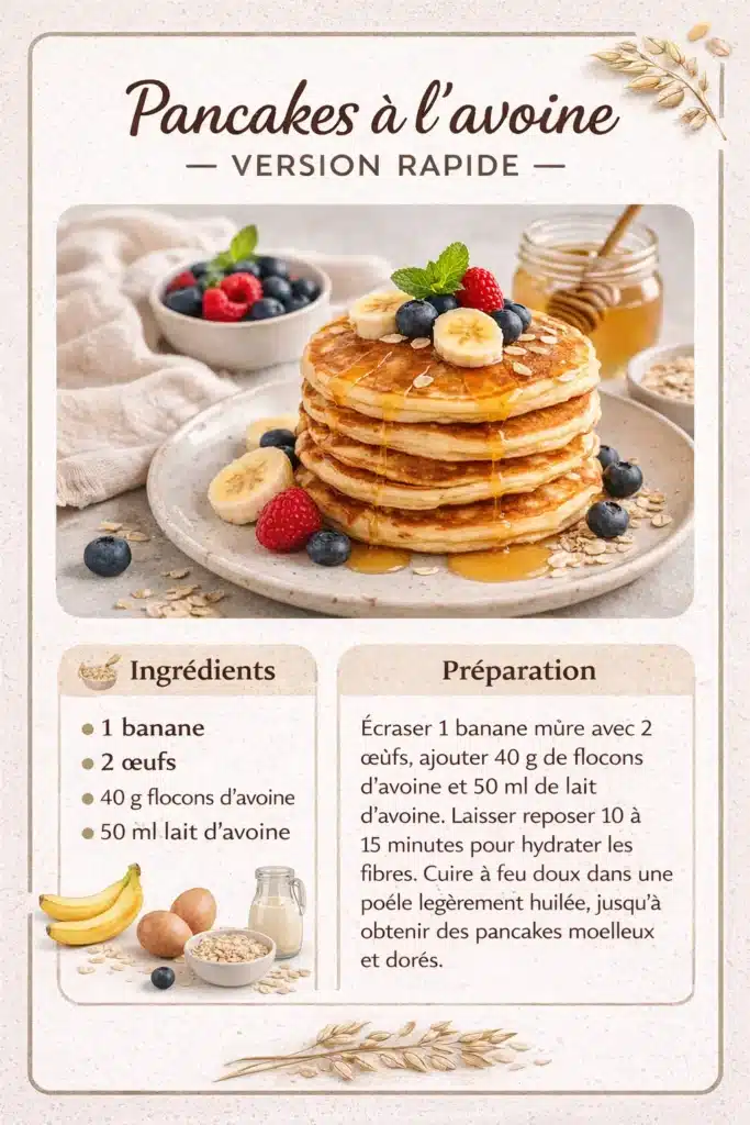Infographie recette pancakes à l’avoine avec ingrédients, préparation et visuel de pancakes moelleux