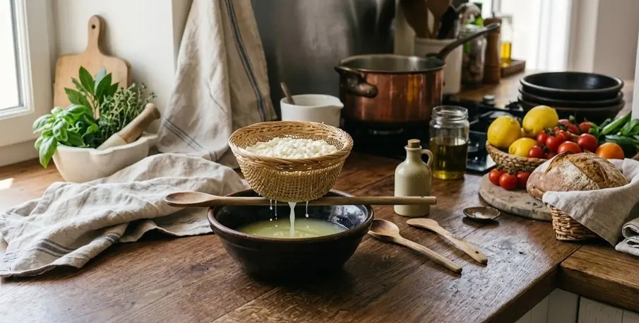 Ricotta égouttée dans un panier perforé posé sur une cuillère en bois au-dessus d’un bol, avec petit-lait qui s’écoule sur un plan de travail rustique.