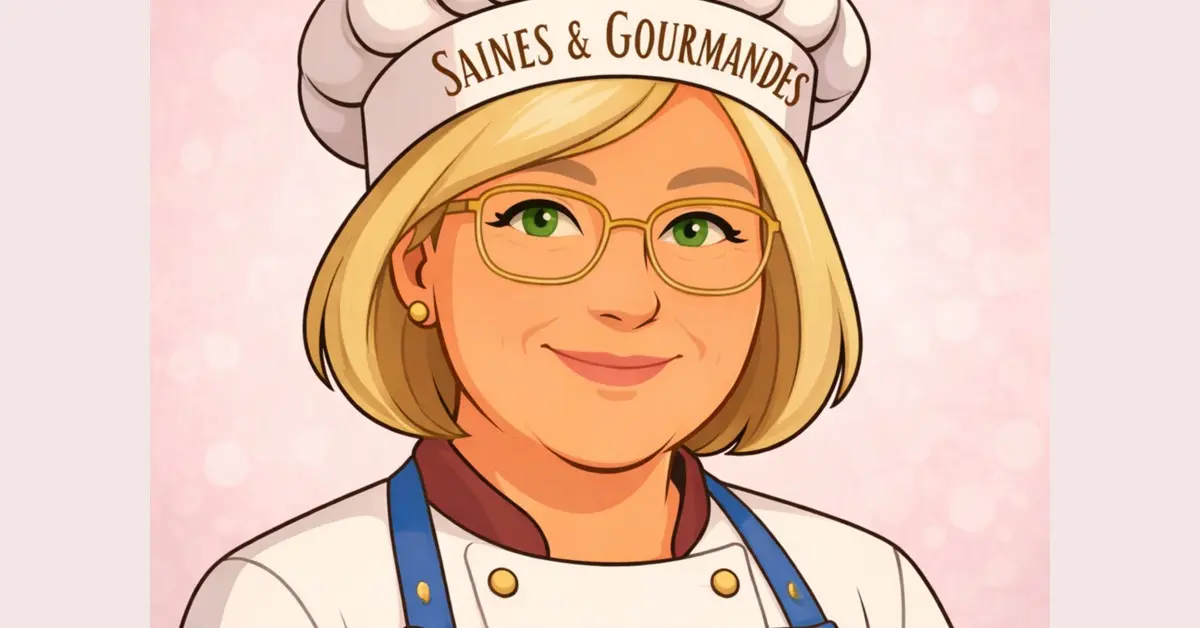 Portrait illustré d’une cheffe souriante portant une toque « Saines & Gourmandes », symbole d’une cuisine saine, gourmande et accessible