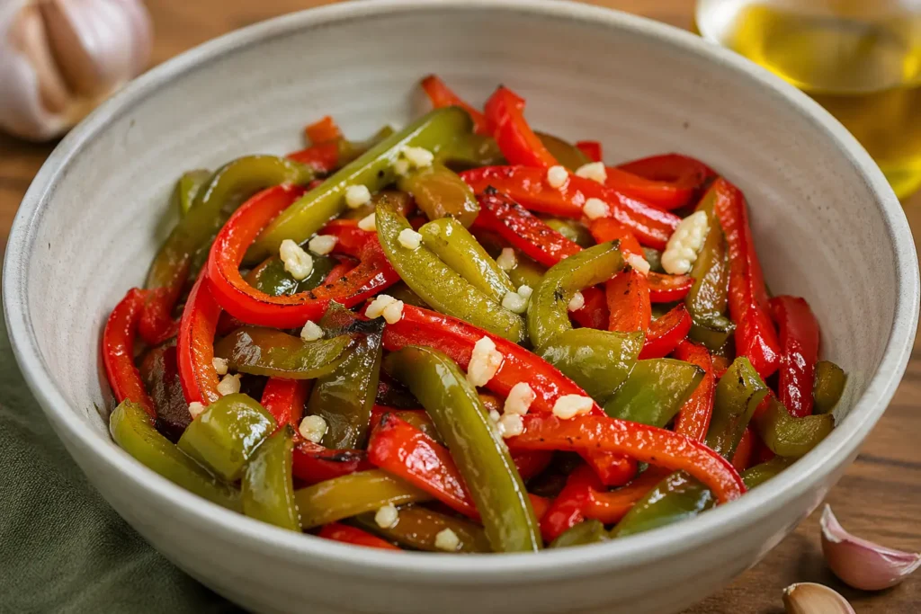 Ail avec des poivrons grillés , lamelles de poivrons rouges et verts avec ail et huile d’olive